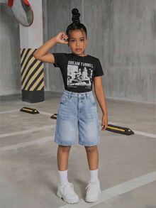 SHEIN 青少年女孩寬鬆休閒百慕大牛仔短褲，附口袋 - 淺色水洗藍 - 查看 6