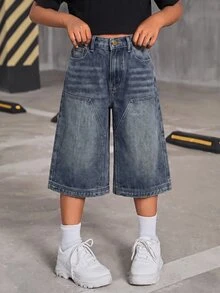 SHEIN 青少年女孩休閒日常牛仔褲，附口袋與鈕扣設計 - 中等水洗藍 - 查看 5