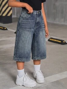 SHEIN 青少年女孩休閒日常牛仔褲，附口袋與鈕扣設計 - 中等水洗藍 - 查看 3