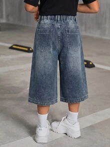 SHEIN 青少年女孩休閒日常牛仔褲，附口袋與鈕扣設計 - 中等水洗藍 - 查看 2