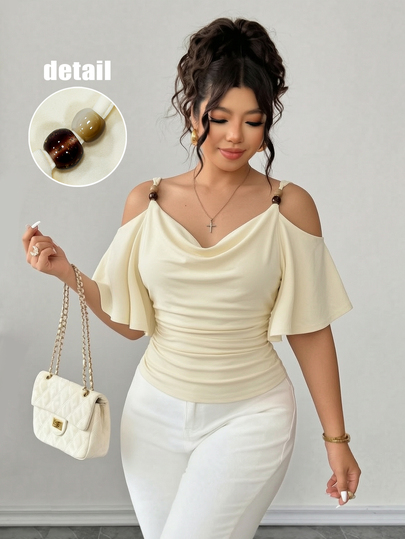 Elenzga Women's Plus Size Short Sleeve Cowl Neck Top, Simple Elegant Vintage T-Shirt, Neckline, Shoulder Button Decoration, Commute Casual Beige Summer