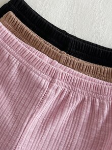 SHEIN Vintaside Kids 3件組女嬰法式簡約純色與精緻花卉印花針織喇叭褲，彈性腰帶，休閒日常百搭可愛甜美 - 彩色 - 查看 7
