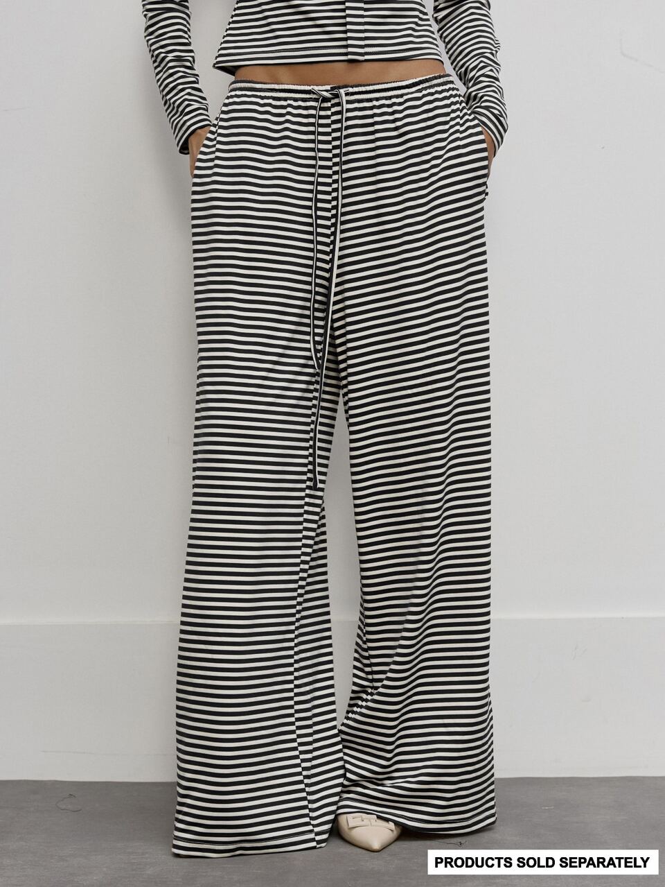 Pantalon à jambes larges à taille haute avec cordon de serrage rayé, automne, mignon, quotidien, féminin, doux, espiègle