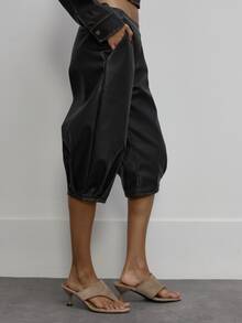 MUSERA Faux Leather Distressed Seam Detail Capri Pants Autumn Cute Daily Girly Sweet Mischief - Black - View 3