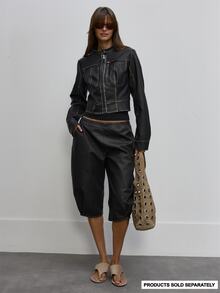 MUSERA Faux Leather Distressed Seam Detail Capri Pants Autumn Cute Daily Girly Sweet Mischief - Black - View 1