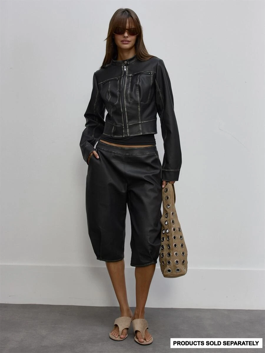 MUSERA Faux Leather Distressed Seam Detail Capri Pants Autumn Cute Daily Girly Sweet Mischief - Black - View 1
