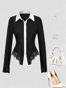 Elenzga Women's Elegant Commuter Contrast Color Placket Lace Patchwork Top - Black and White - View 5