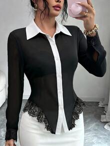 Elenzga Women's Elegant Commuter Contrast Color Placket Lace Patchwork Top - Black and White - View 6