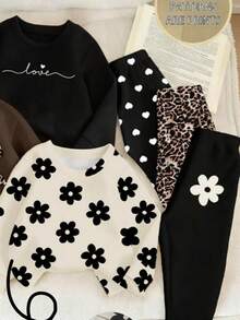 SHEIN Playful Pals 6件套舒适秋冬女婴休闲时尚创意个性化清新可爱豹纹、蝴蝶结、花朵、爱心、字母图案印花卫衣和打底裤套装，幼儿花朵服装婴儿套装，秋冬季女婴毛衣套装，摩卡色婴儿服装，婴儿休闲套装 - 彩色 - 查看 4