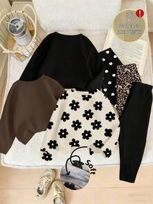 SHEIN Playful Pals 6件套舒适秋冬女婴休闲时尚创意个性化清新可爱豹纹、蝴蝶结、花朵、爱心、字母图案印花卫衣和打底裤套装，幼儿花朵服装婴儿套装，秋冬季女婴毛衣套装，摩卡色婴儿服装，婴儿休闲套装 - 彩色 - 查看 2