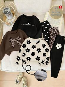 SHEIN Playful Pals 6件套舒适秋冬女婴休闲时尚创意个性化清新可爱豹纹、蝴蝶结、花朵、爱心、字母图案印花卫衣和打底裤套装，幼儿花朵服装婴儿套装，秋冬季女婴毛衣套装，摩卡色婴儿服装，婴儿休闲套装 - 彩色 - 查看 1