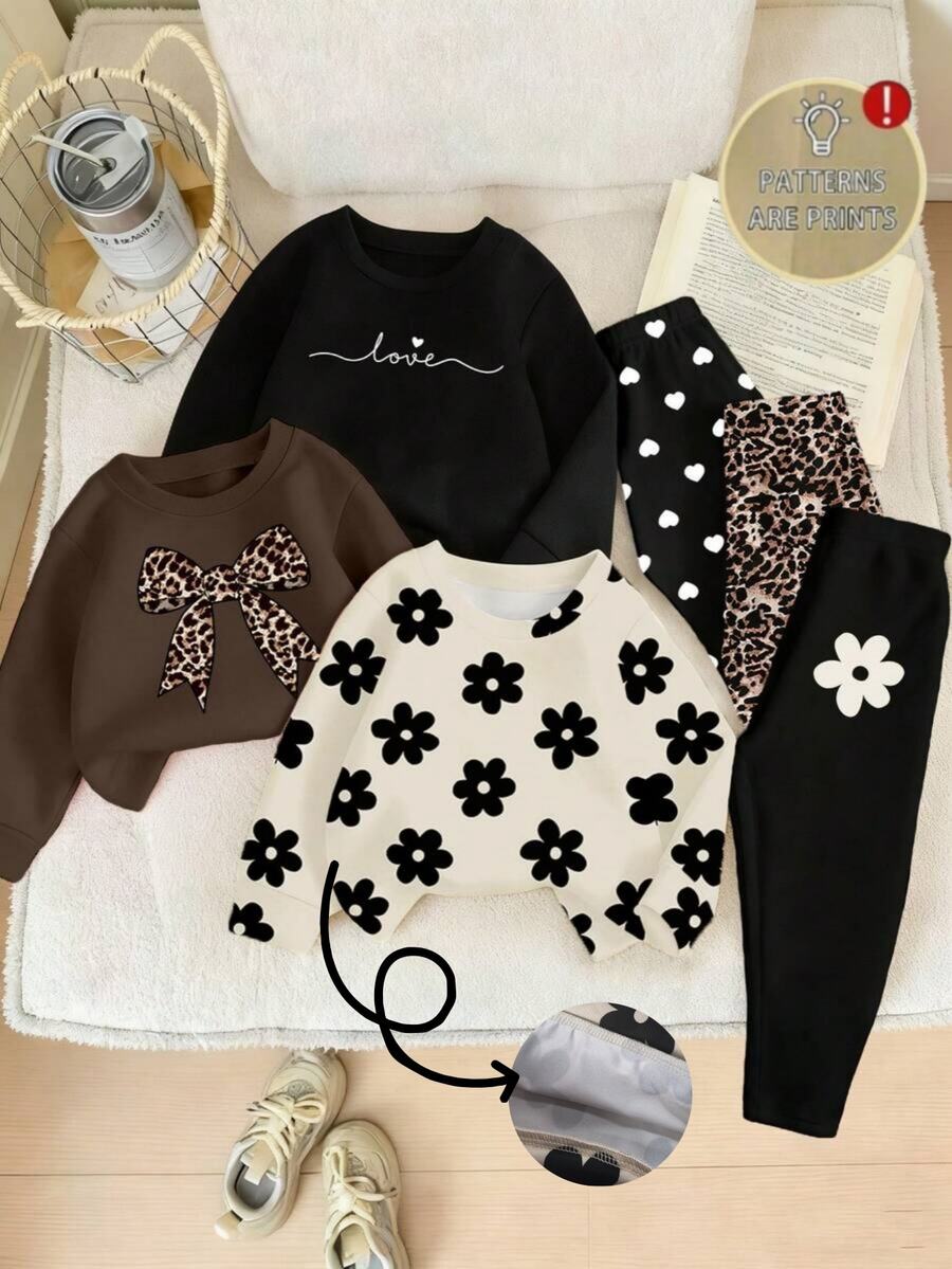 SHEIN Playful Pals 6件套舒适秋冬女婴休闲时尚创意个性化清新可爱豹纹、蝴蝶结、花朵、爱心、字母图案印花卫衣和打底裤套装,幼儿花朵服装婴儿套装,秋冬季女婴毛衣套装,摩卡色婴儿服装,婴儿休闲套装 - 彩色 - 查看 1