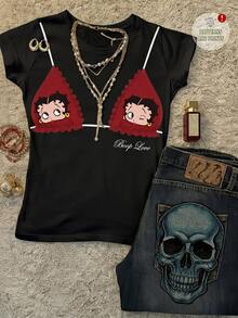 Attitoon Betty Boop x SHEIN 休閒極簡復古 Y2K 百搭派對 Bra 紅色字母印花圖案 T-shirt，音樂節哥德風夏季圓領短袖修身女款 T-shirt - 黑色 - 查看 1
