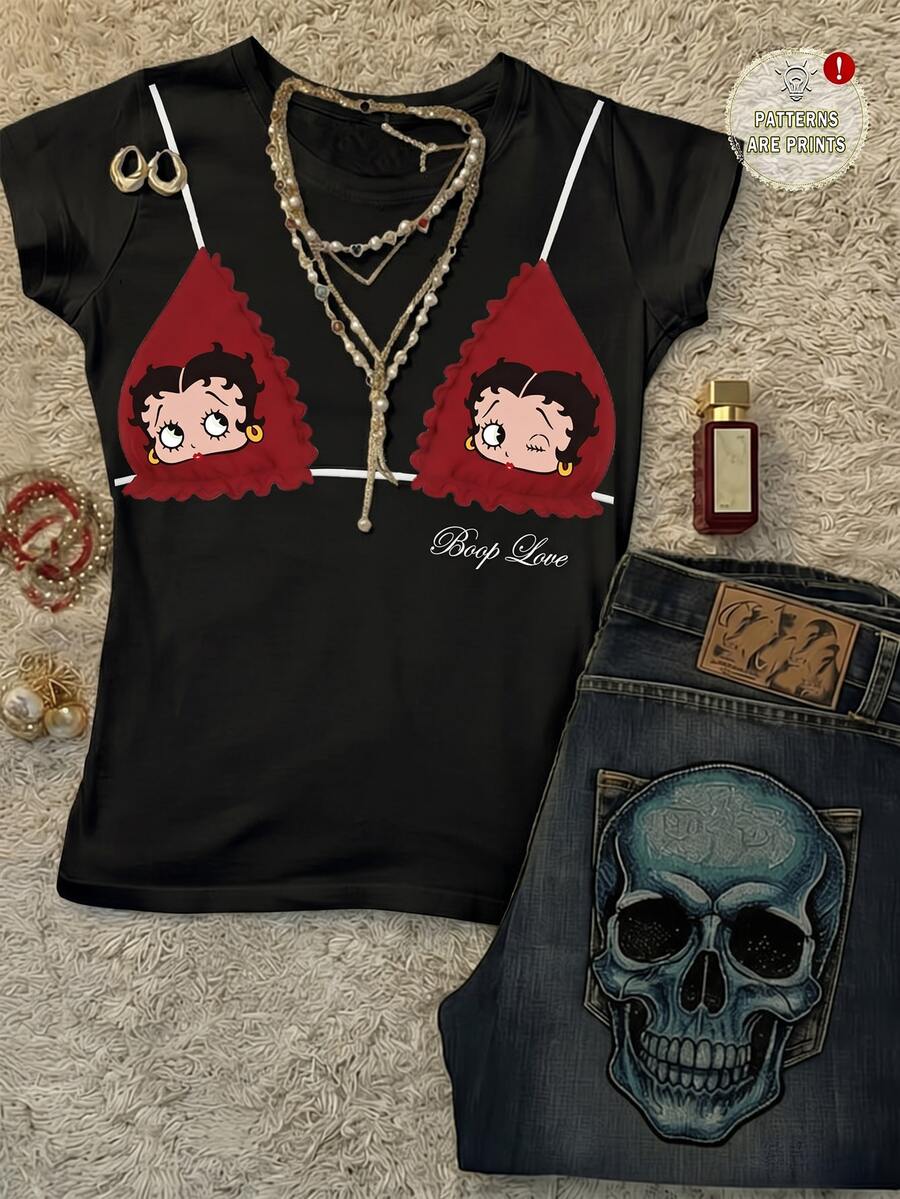Attitoon Betty Boop x SHEIN 休閒極簡復古 Y2K 百搭派對 Bra 紅色字母印花圖案 T-shirt,音樂節哥德風夏季圓領短袖修身女款 T-shirt - 黑色 - 查看 1