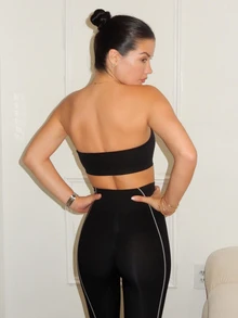 Nelanie Turli Sleeveless Black Micro Crop Strapless Set For Active Lifestyle Strapless Two Piece Set Two Piece Legging Set Workout Set Two Piece Gym Two Summer - Black - View 2