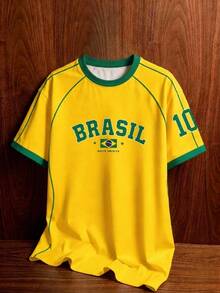 Aesthetic Post 復西足球 T 恤 黃色，夏季，街頭風，度假，美式 BRASIL 10 號印花男女款圖案時尚運動上衣，新款，足球 - 彩色 - 查看 1