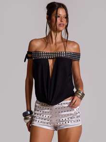 MUSERA Silver Metallic Slinky Studded Micr Shorts Summer Autumn Going Out Festival Cool Girl Furiosa - Silver - View 6