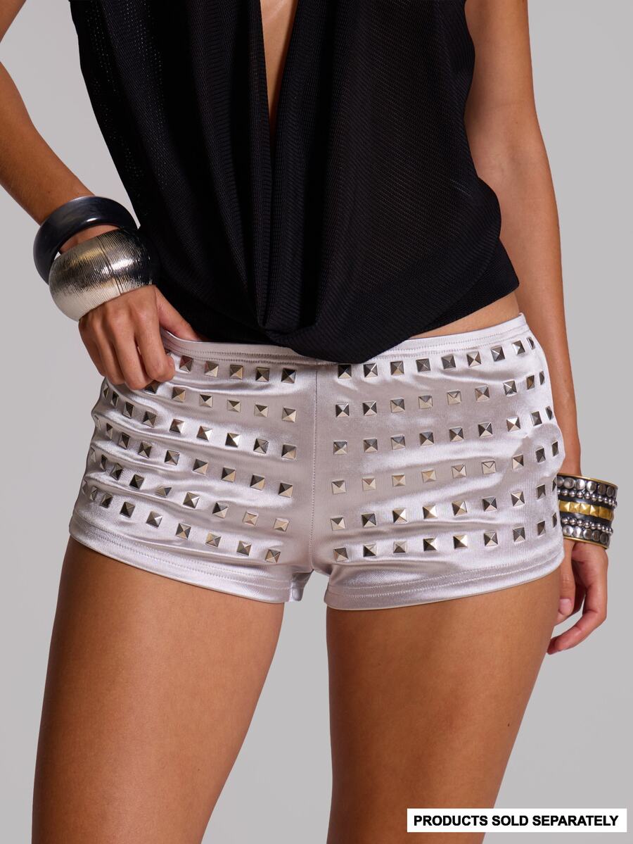 MUSERA Silver Metallic Slinky Studded Micr Shorts Summer Autumn Going Out Festival Cool Girl Furiosa - Silver - View 1