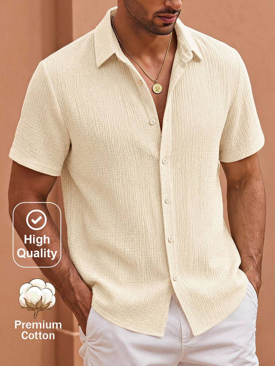 HIMLAND Men's Woven Casual Short Sleeve Shirt - Khaki - View 1