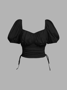 SHEIN MOD Camiseta con mangas abullonadas, cordón y pliegues, talla grande, para uso casual, diario, paseos y primavera/verano - Negro - Ver 1