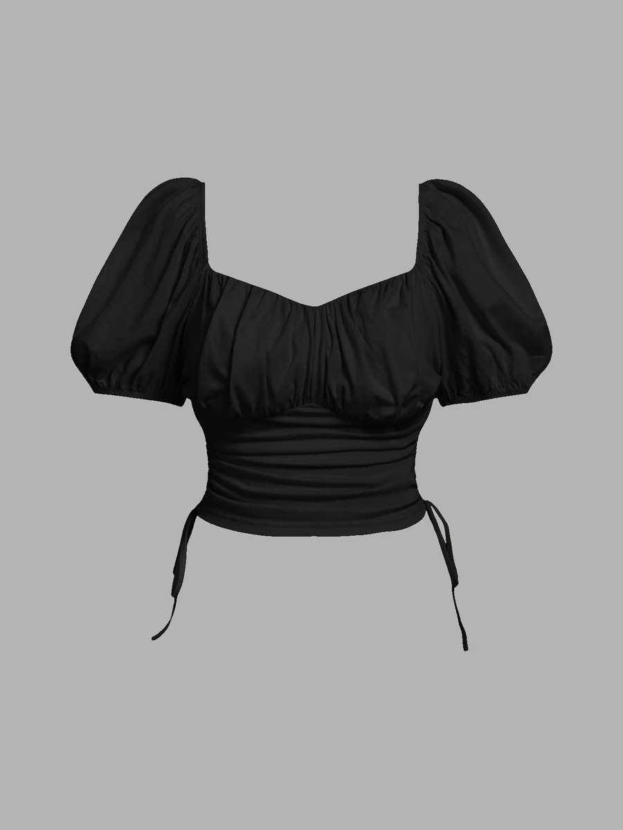 SHEIN MOD Camiseta con mangas abullonadas, cordón y pliegues, talla grande, para uso casual, diario, paseos y primavera/verano - Negro - Ver 1