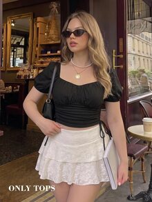 SHEIN MOD Camiseta con mangas abullonadas, cordón y pliegues, talla grande, para uso casual, diario, paseos y primavera/verano - Negro - Ver 2