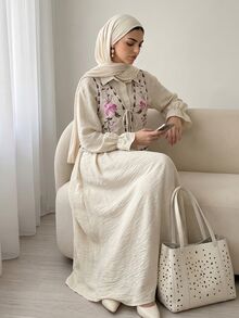 Solavon 女款時尚刺繡領結背心外套與紋理鈕扣洋裝兩件套 - 杏色 - 查看 2