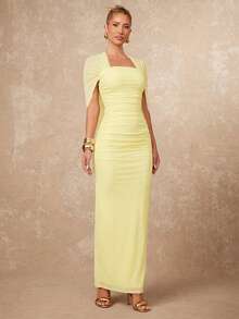 Lumalex Women's Pale Yellow Summer Elegant Day Party Dress,Old Money Ruched Bodycon Wedding Guest Formal Gown,Halterneck Flowy Layered Cocktail Outfits Modest - Light Yellow - View 7