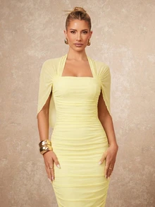 Lumalex Women's Pale Yellow Summer Elegant Day Party Dress,Old Money Ruched Bodycon Wedding Guest Formal Gown,Halterneck Flowy Layered Cocktail Outfits Modest - Light Yellow - View 3