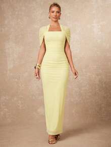 Lumalex Women's Pale Yellow Summer Elegant Day Party Dress,Old Money Ruched Bodycon Wedding Guest Formal Gown,Halterneck Flowy Layered Cocktail Outfits Modest - Light Yellow - View 5
