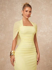 Lumalex Women's Pale Yellow Summer Elegant Day Party Dress,Old Money Ruched Bodycon Wedding Guest Formal Gown,Halterneck Flowy Layered Cocktail Outfits Modest - Light Yellow - View 8