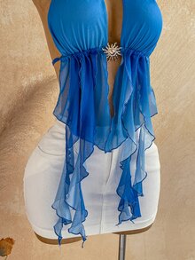 Soleia 女款度假性感豹紋垂領露背蝴蝶結肩帶荷葉邊上衣 - 藍色 - 查看 4