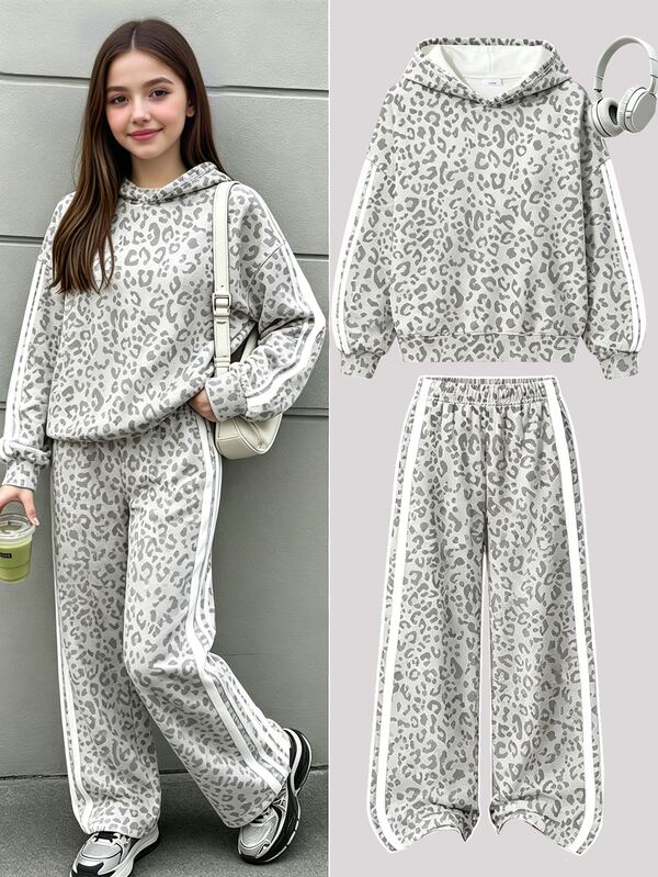 Leopard Print Sweatshirt Set, Suitable For 13-16 Year Old Girls In Autumn/Winter, Comfortable Casual Daily Style