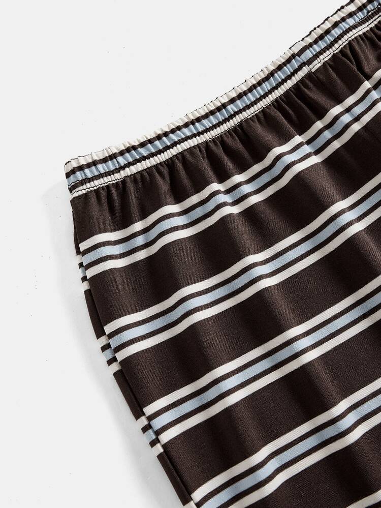 SHEIN Kids Teen Girls 2pcs/Set Brown White Vintage Alt Striped Knit Short Sleeve Fitted T-Shirt And Casual Pants Co-Ord Set,Summer Sporty Vacation - Brown - View 4