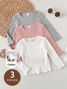 SHEIN ملابس علوية طويلة الأكمام للفتيات الصغيرات، كاجوال محتشمة متعددة الاستخدامات، بلون موحد، رمادي وردي فاتح أبيض، مناسبة لحفلات التخرج والخريف، قطع - متعدد الألوان - مشاهدة 3
