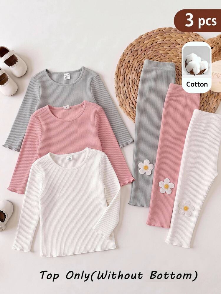 SHEIN Atasan Lengan Panjang Warna Polos Kasual Sederhana Serbaguna untuk Bayi Perempuan, Cocok untuk Pesta Wisuda, Warna Abu-abu, Merah Muda Muda, dan Putih, Cocok untuk Musim Gugur. - MultiWarna - View 1