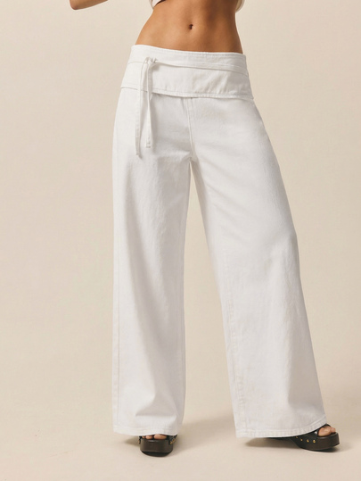 Aralina Women's Casual Elegant Chic Luxury Low Rise Wide Waistband Loose Fitted Denim Jeans With Waist Tie Perfect For Christmas Party Outfits And New Years