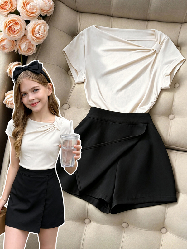 SHEIN Conjunto de 2 piezas para niñas preadolescentes, estilo coreano soft girl, top de manga corta con hombros descubiertos + parte delantera y trasera, para la vuelta al cole, verano y otoño