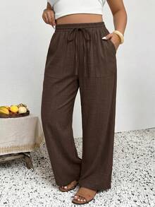 SHEIN Frenchy Celana Panjang Kasual Minimalis Warna Cokelat Ukuran Besar Cocok untuk Musim Panas dan Gugur - Coklat - View 7