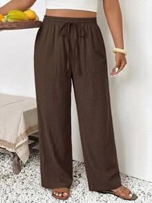 SHEIN Frenchy Celana Panjang Kasual Minimalis Warna Cokelat Ukuran Besar Cocok untuk Musim Panas dan Gugur - Coklat - View 4