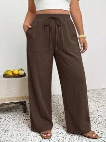 SHEIN Frenchy Celana Panjang Kasual Minimalis Warna Cokelat Ukuran Besar Cocok untuk Musim Panas dan Gugur - Coklat - View 5