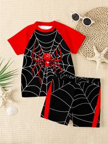 Tween Boy Slim Fit Round Neck Short Sleeve Swimsuit Set,Spider Print Red And White Stripe,Cute Summer,Holiday Vacation,Surfing Beach Swimming Style - Multicolor - View 2