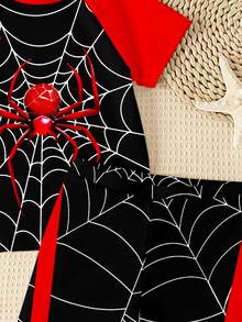 Tween Boy Slim Fit Round Neck Short Sleeve Swimsuit Set,Spider Print Red And White Stripe,Cute Summer,Holiday Vacation,Surfing Beach Swimming Style - Multicolor - View 5