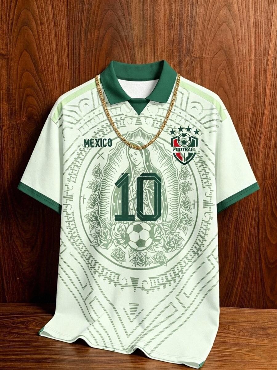 Aesthetic Post 男士復古墨西哥圖案領 Polo 足球上衣，足球支持者服飾，適合度假、慢跑、購物、休閒與儀式場合 - 彩色 - 查看 1