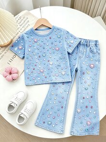 女童休閒簡約卡通圖案圓領短袖上衣與喇叭褲2件套，適合夏季 - 彩色 - 查看 2