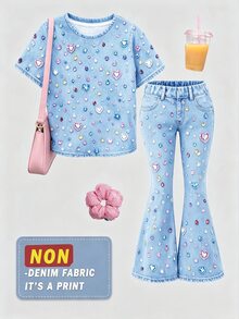 女童休閒簡約卡通圖案圓領短袖上衣與喇叭褲2件套，適合夏季 - 彩色 - 查看 7
