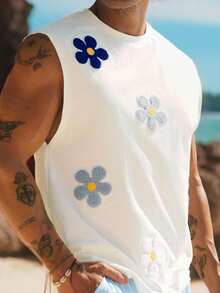 HIMLAND Men's Knitted Floral Patched Sleeveless Casual Tank Top, Suitable For Summer, Vacation, Father's Day Gifts, Football - Beige - View 5