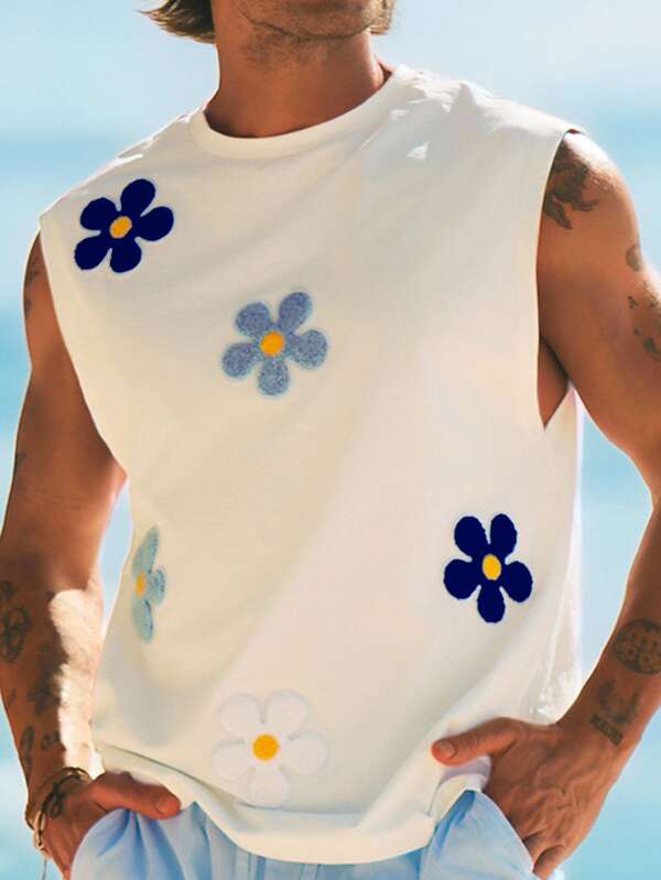 HIMLAND Men's Knitted Floral Patched Sleeveless Casual Tank Top, Suitable For Summer, Vacation, Father's Day Gifts, Football