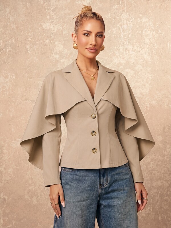 Lumalex Fall Winter Women's Blazer Jacket With Lapel Collar, Cape Shawl, Cinched Waist And Long Sleeves,Autumn And Winter Daily-To-Gala Versatility Quiet Luxu
