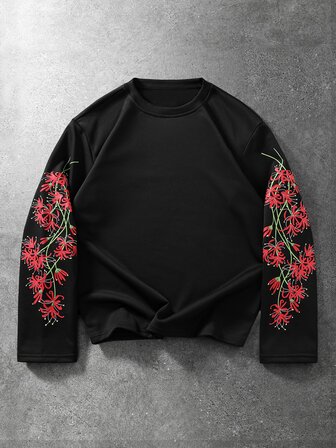Street Life Men's Floral Print Casual Streetwear Loose Fit Long Sleeve T-Shirt